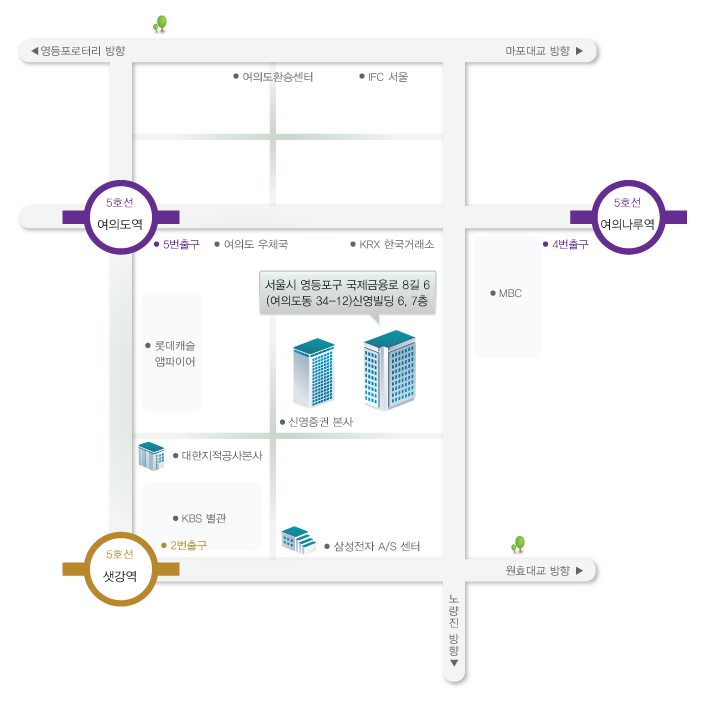 여의도역 기준 :여의도역5번출구 에서 여의도우체국을 지나 한국거래소 뒷편 신영빌딩 6,7층.
			샛강역 기준: 샛강격 2번출구 로 나와서 원효대교방향으로 직진하다 좌회전 후 왼편에 신영빌딩 6,7층.